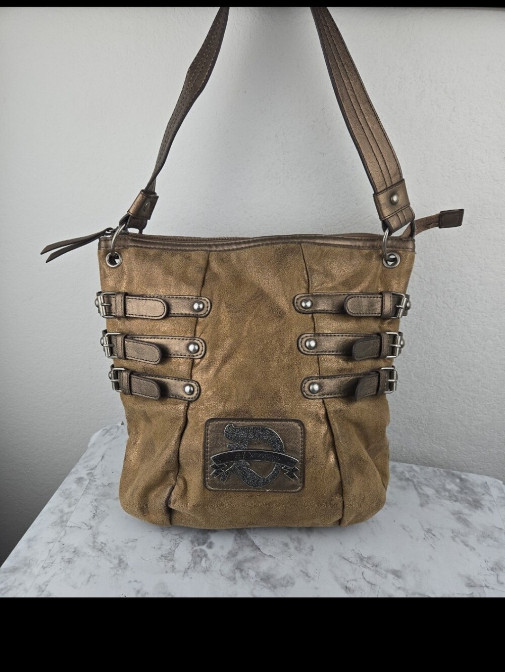 Dereon Golden  Crossbody Tote with Buckle Strap Details